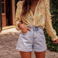 Yellow Paisley Print Ruffled Trim Boho Shirt