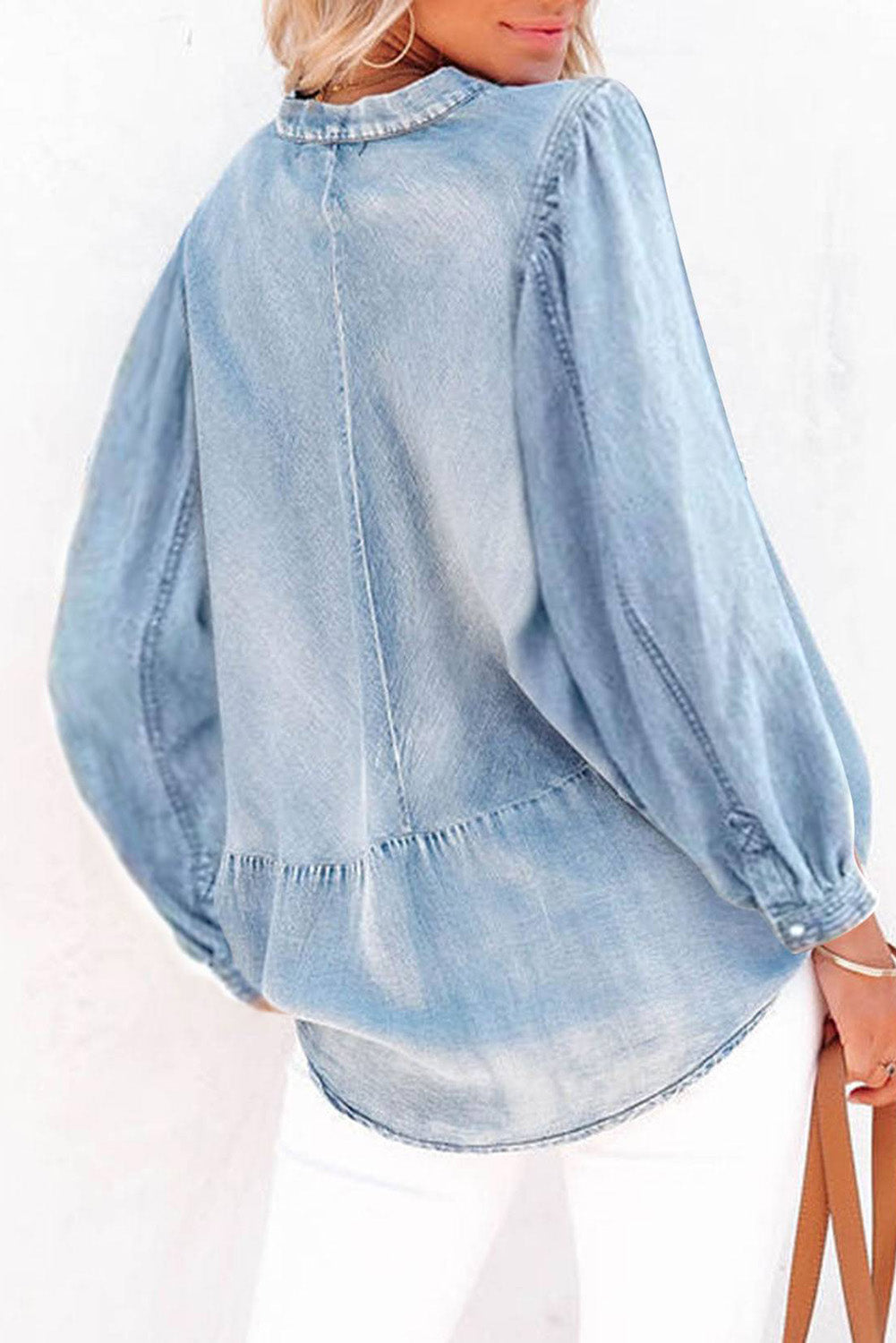 Balloon Sleeve Slit V-Neck Denim Top