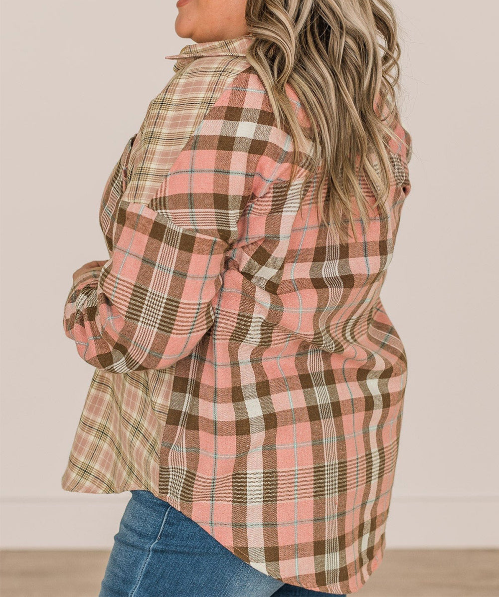Plus Size Color Block Plaid Long Sleeve Shirt with Pocket