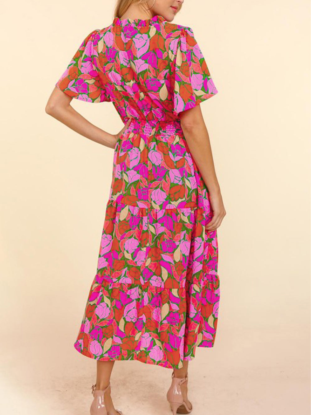 Floral Short Sleeve Smocked Waist Maxi dress