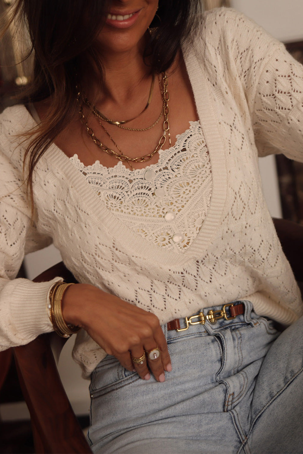 Buttoned Lace Patchwork Hollow Knit Sweater