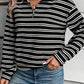 Stripe Textured Quarter Zip Collar Long Sleeve Top