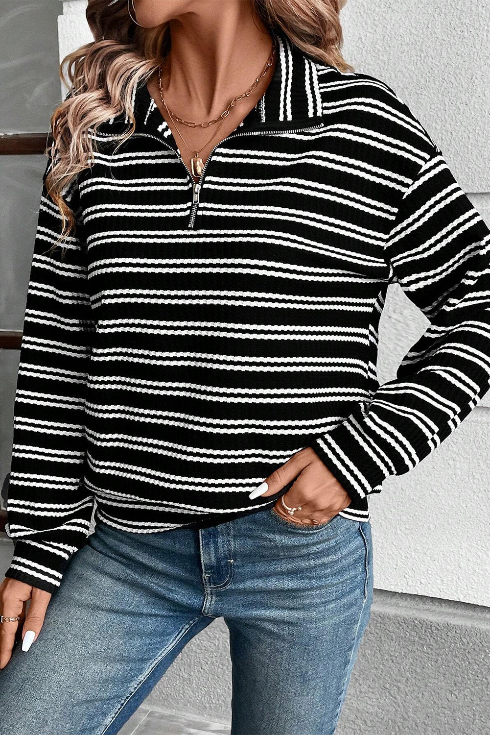 Stripe Textured Quarter Zip Collar Long Sleeve Top