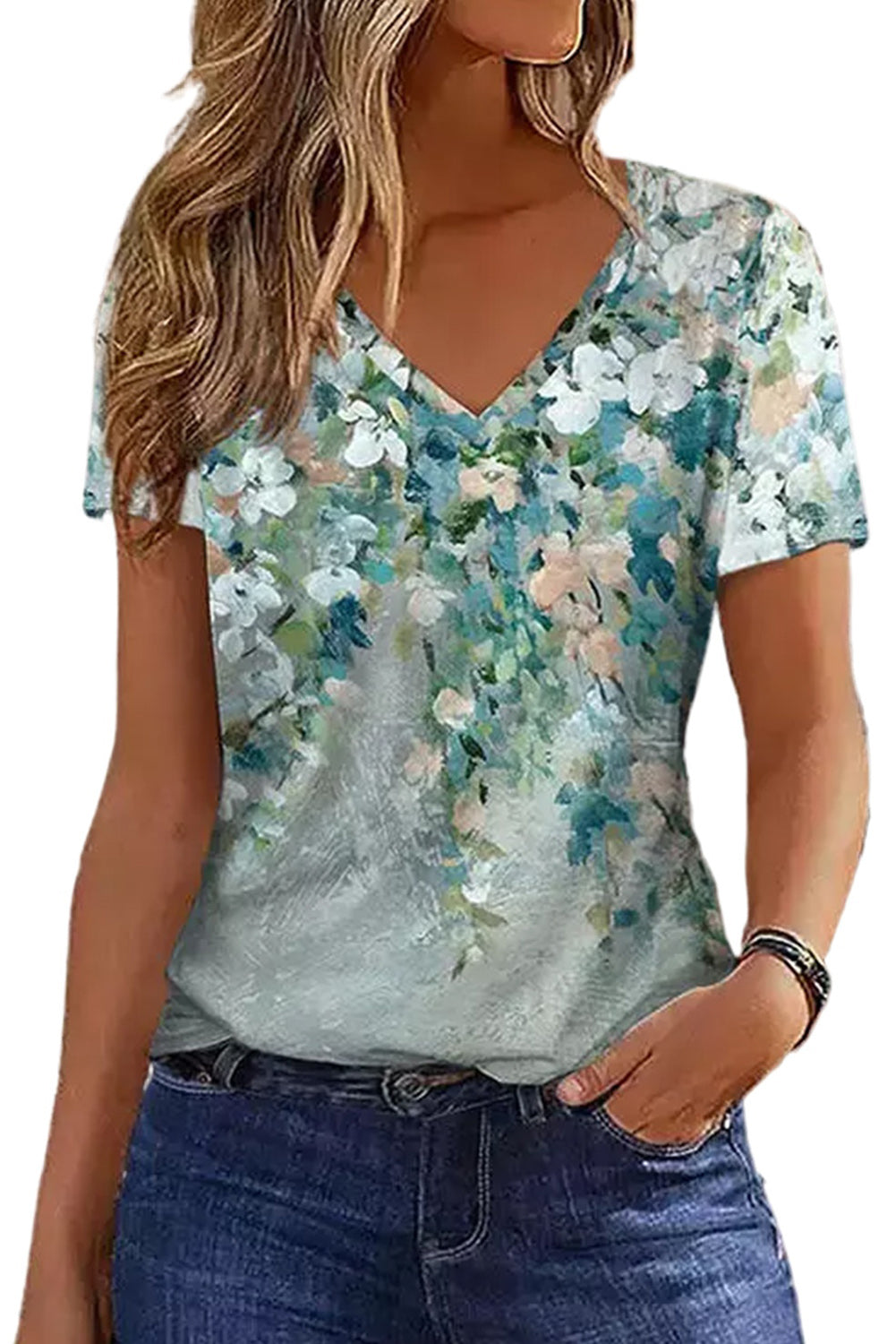 Green Floral Print Shift Fit V Neck T Shirt