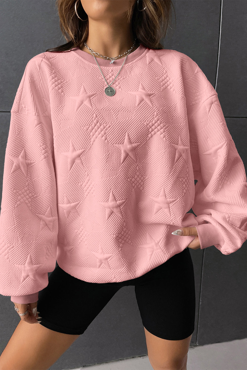Star Embossed Textured Drop Shoulder Sweatshirt