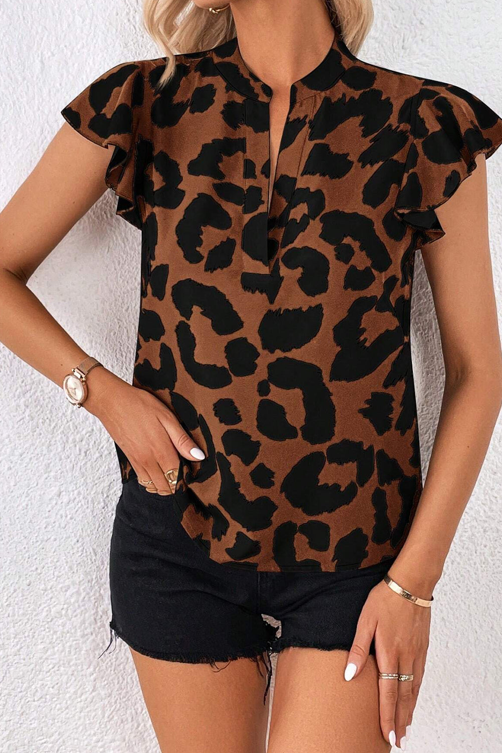 Leopard Ruffled Flutter Sleeve Split Neck Blouse
