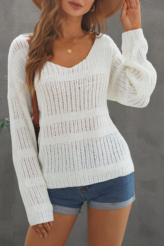 Loose Long Sleeve V Neck Open Knit Sweater