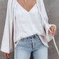 Tie V Neck Pleated Puff Sleeve Satin Blouse