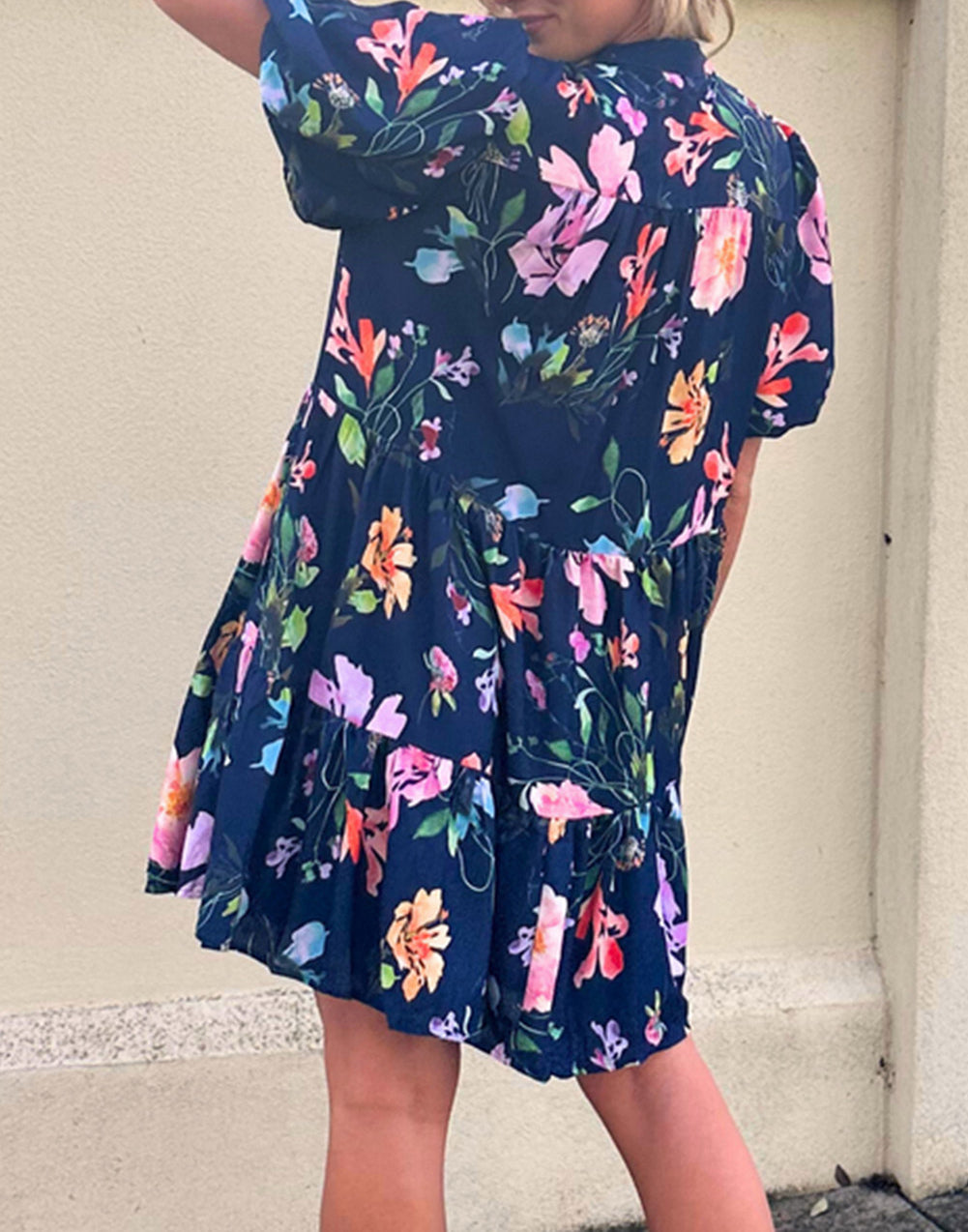 Floral Short Bubble Sleeve Button Mandarin Collar Dress