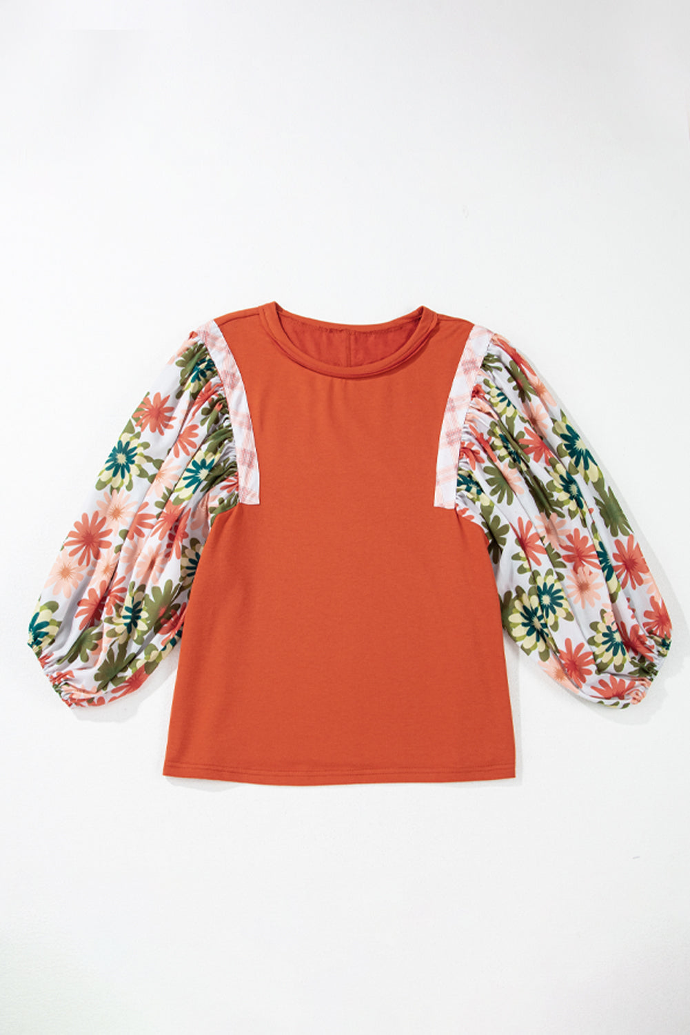 Floral Puff Sleeve Patchwork Round Neck Blouse