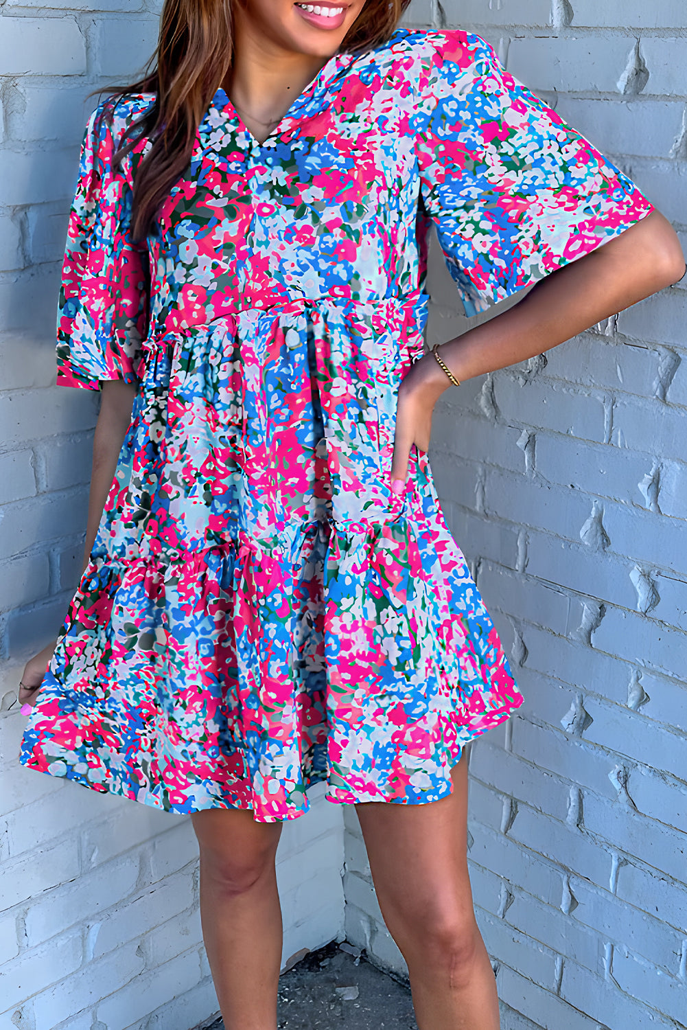 Floral Short Sleeve V Neck Tiered Mini Dress