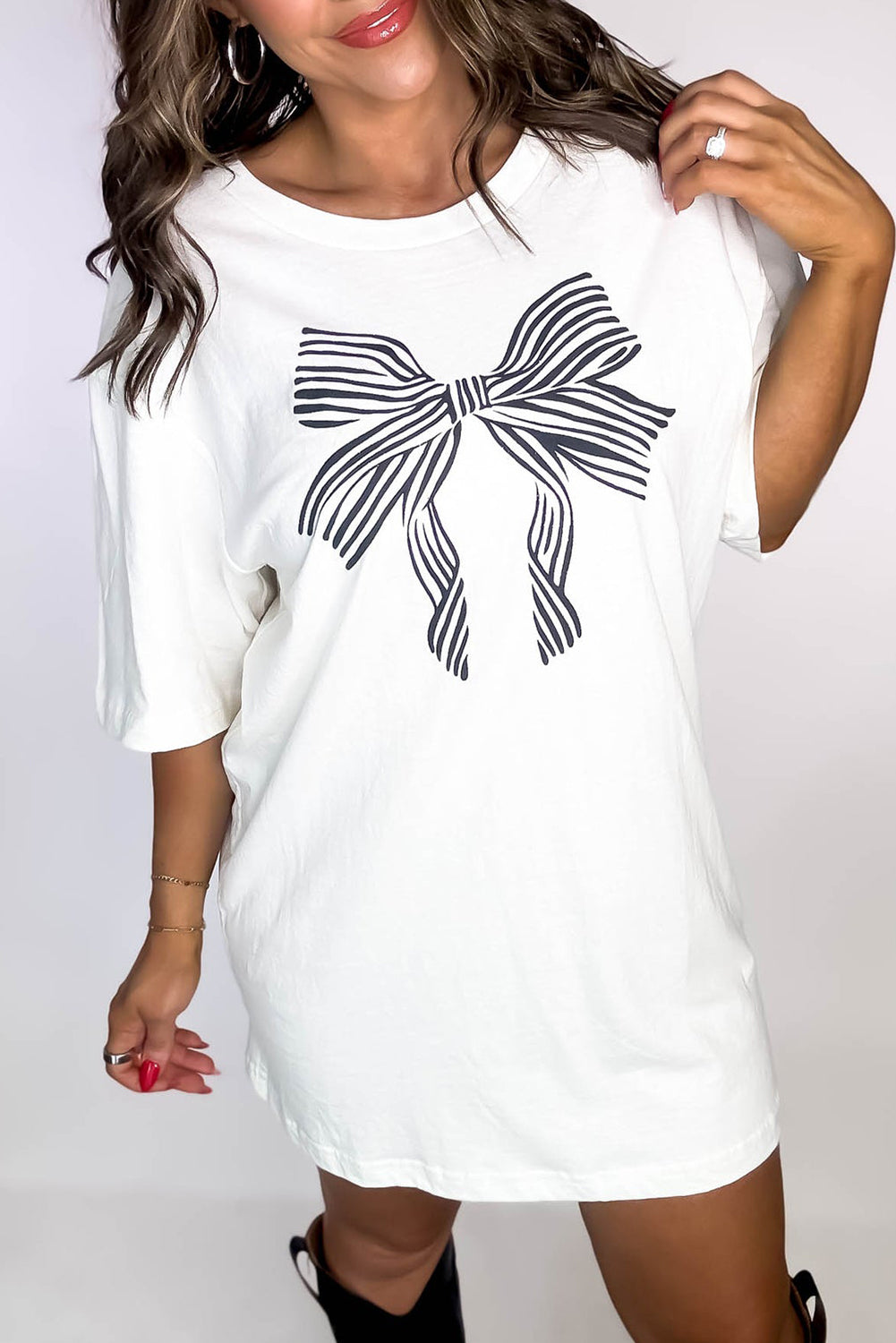 Striped Bow Knot Half Sleeve Tunic T Shirt
