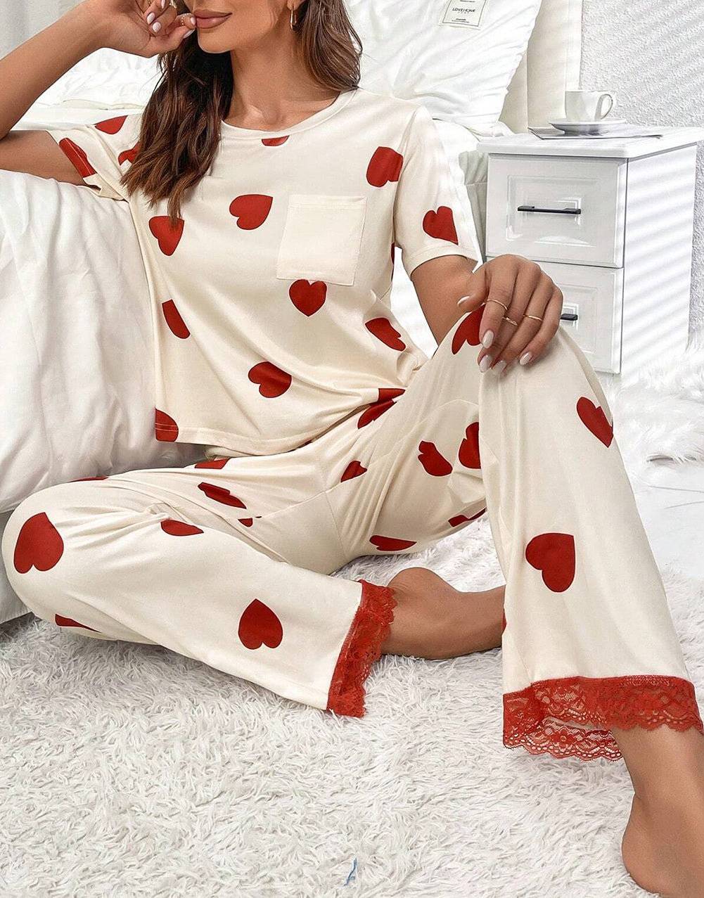 Valentines Heart Print Lace Hem Tee Pants Pajama Set