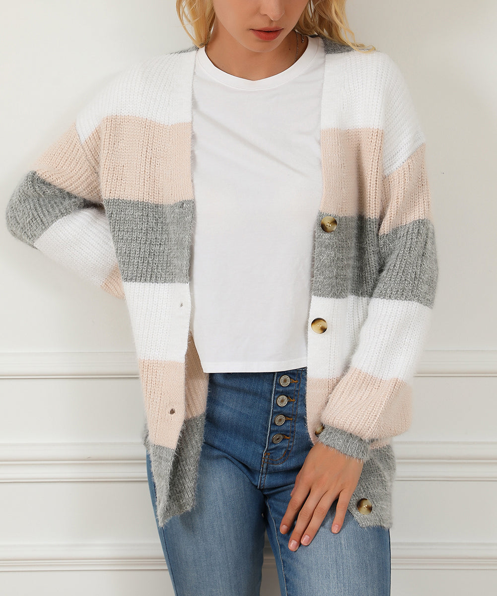 Color Block Button Front Fuzzy Knit Cardigan
