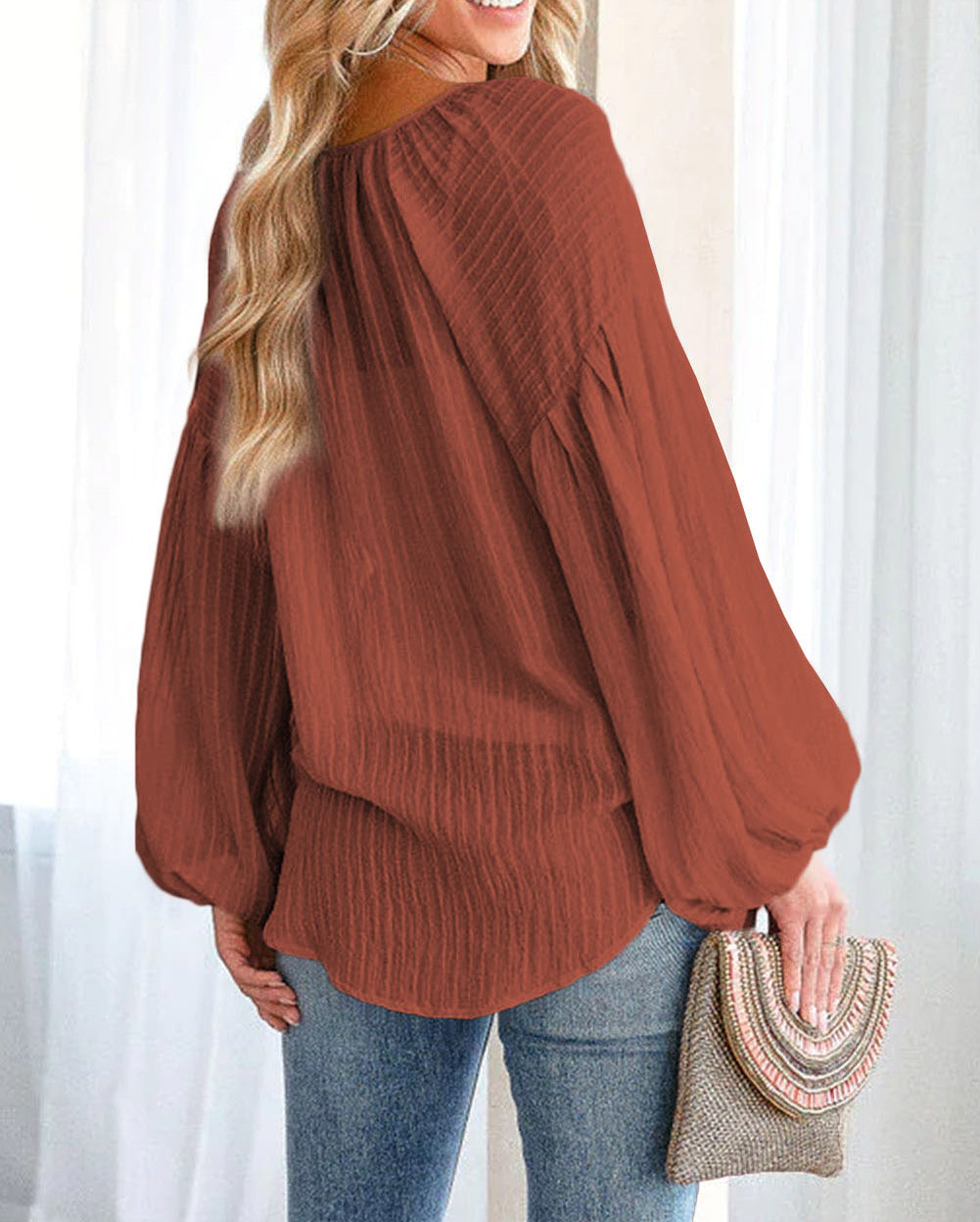 Lantern Sleeve Stripe Tassel Drawstring Blouse
