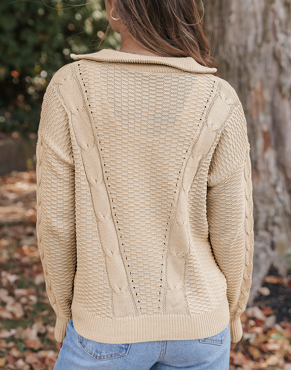 Zipped Stand Collar Cable Knit Sweater