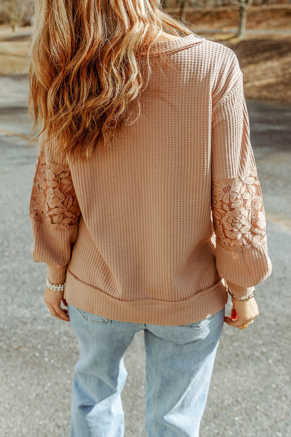 Plus Size Strappy Neck Lace Waffle Patchwork Top