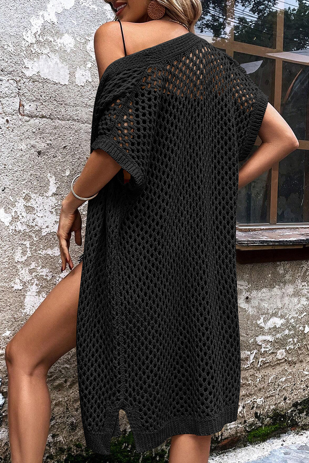 Batwing Sleeve Pointelle Knit Open Front Cardigan