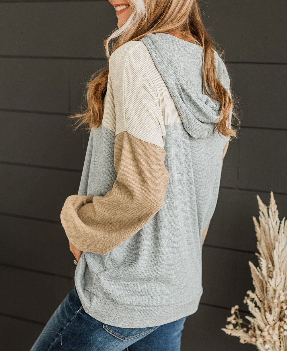 Vintage Ribbed Knit Color Block Hoodie