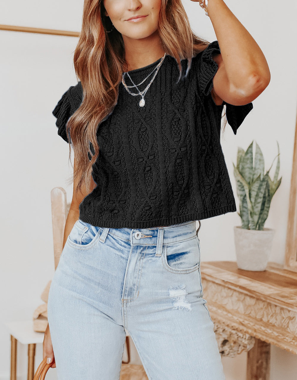 Ruffle Sleeve Cable Knit Sweater