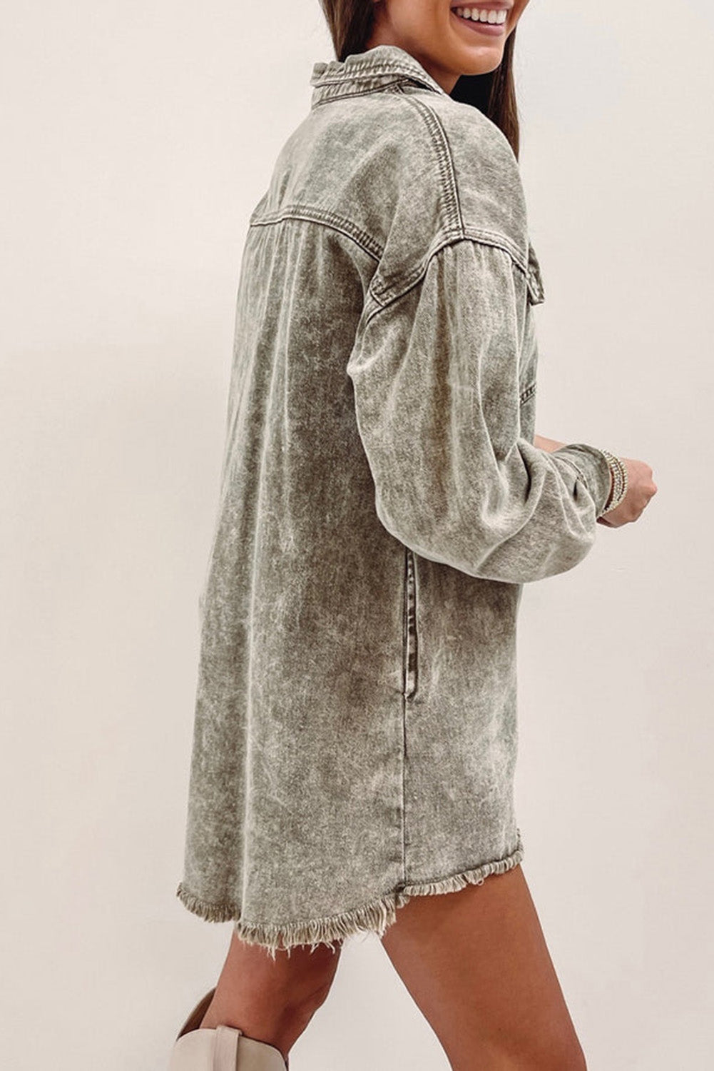 Acid Wash Flap Pocket Raw Hem Tunic Denim Jacket
