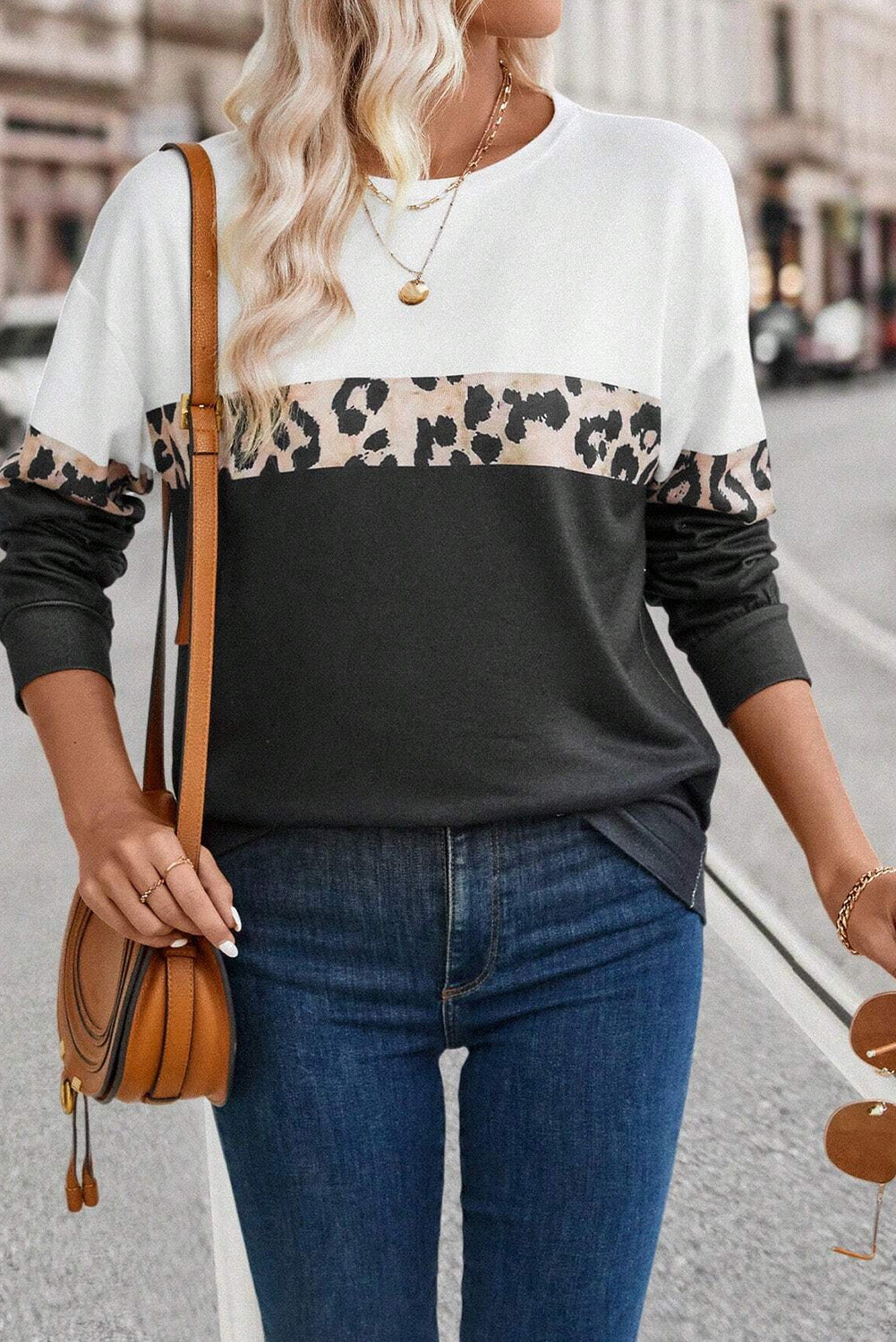 Leopard Colorblock Round Neck Long Sleeve Top