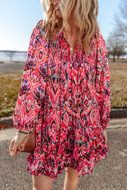 Abstract Printed Tassel Tied Neck Long Sleeve Ruffled Mini Dress