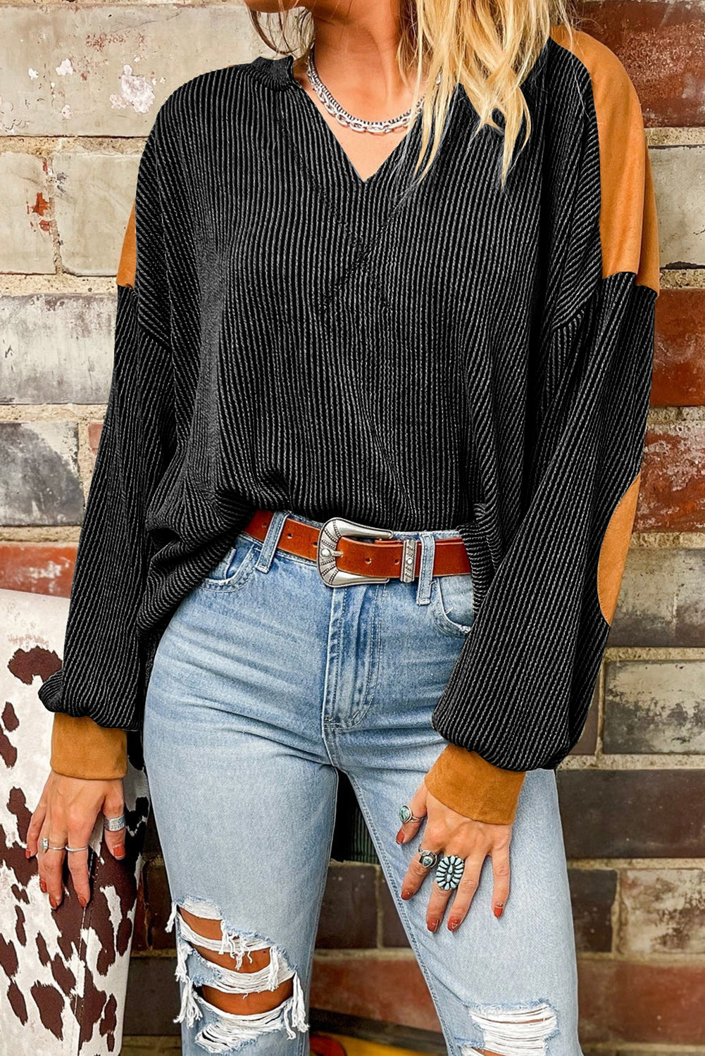 Contrast Patchwork V Neck Corded Top
