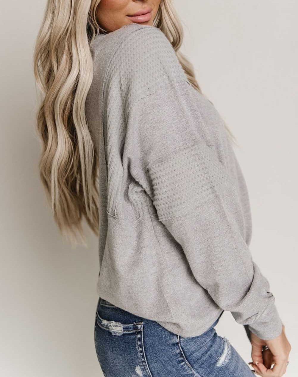 Waffle Patchwork Dolman Sleeve Henley Top