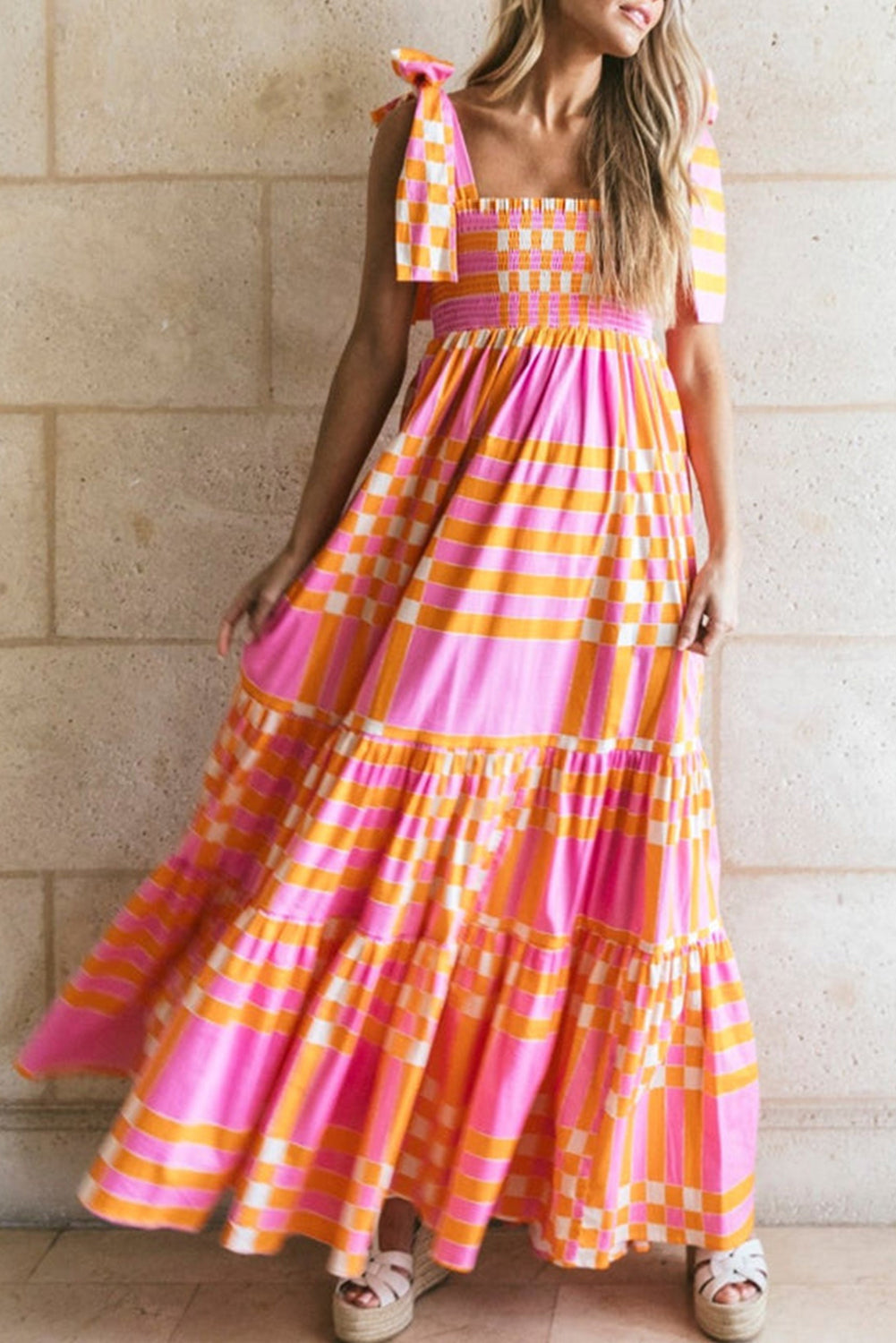 Boho Gingham Tied Straps Smocked Maxi Dress