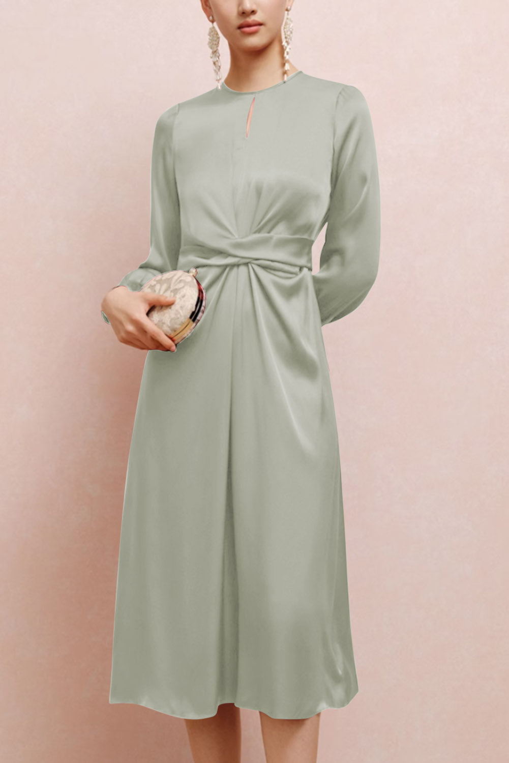 Twist Front Tie Back Long Sleeve Satin Dress