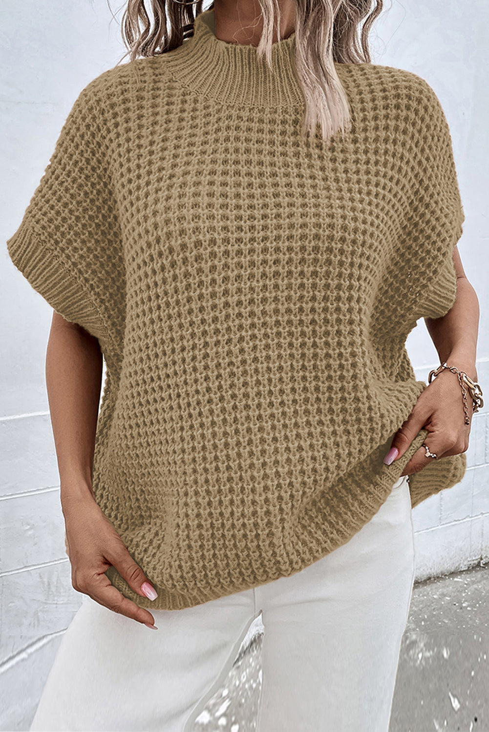 High Neck Short Batwing Sleeve Textured Knit Sweater