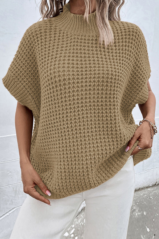 High Neck Short Batwing Sleeve Textured Knit Sweater