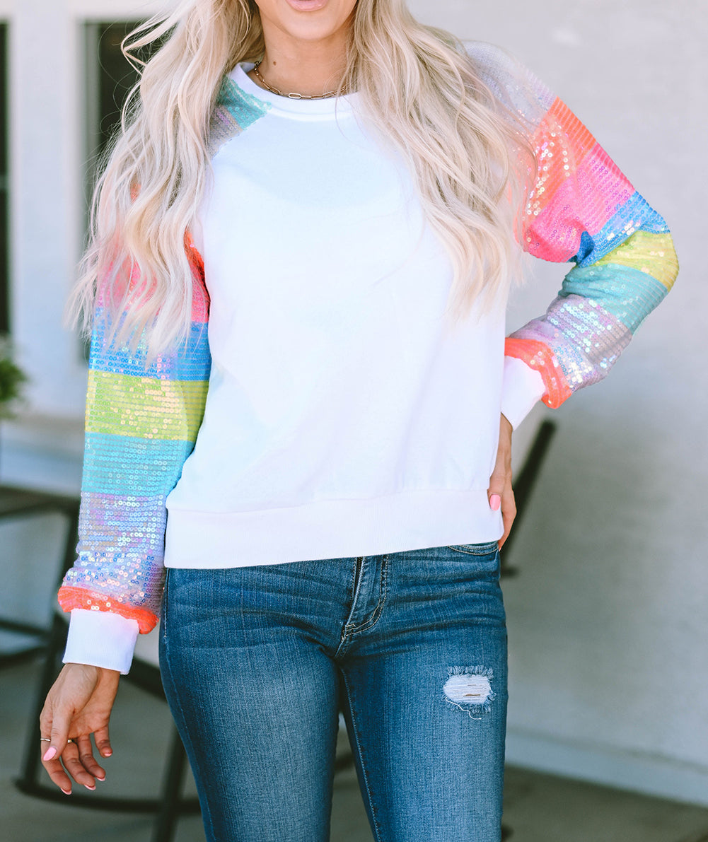 Sequin Color Block Raglan Sleeve Pullover Sweatshirt
