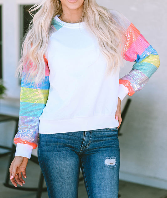 Sequin Color Block Raglan Sleeve Pullover Sweatshirt