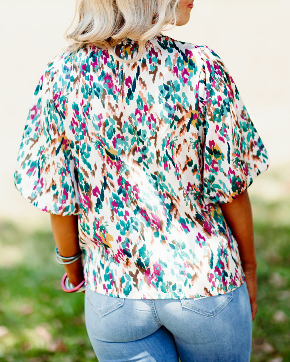Abstract Print Puff Sleeve Mock Neck Blouse