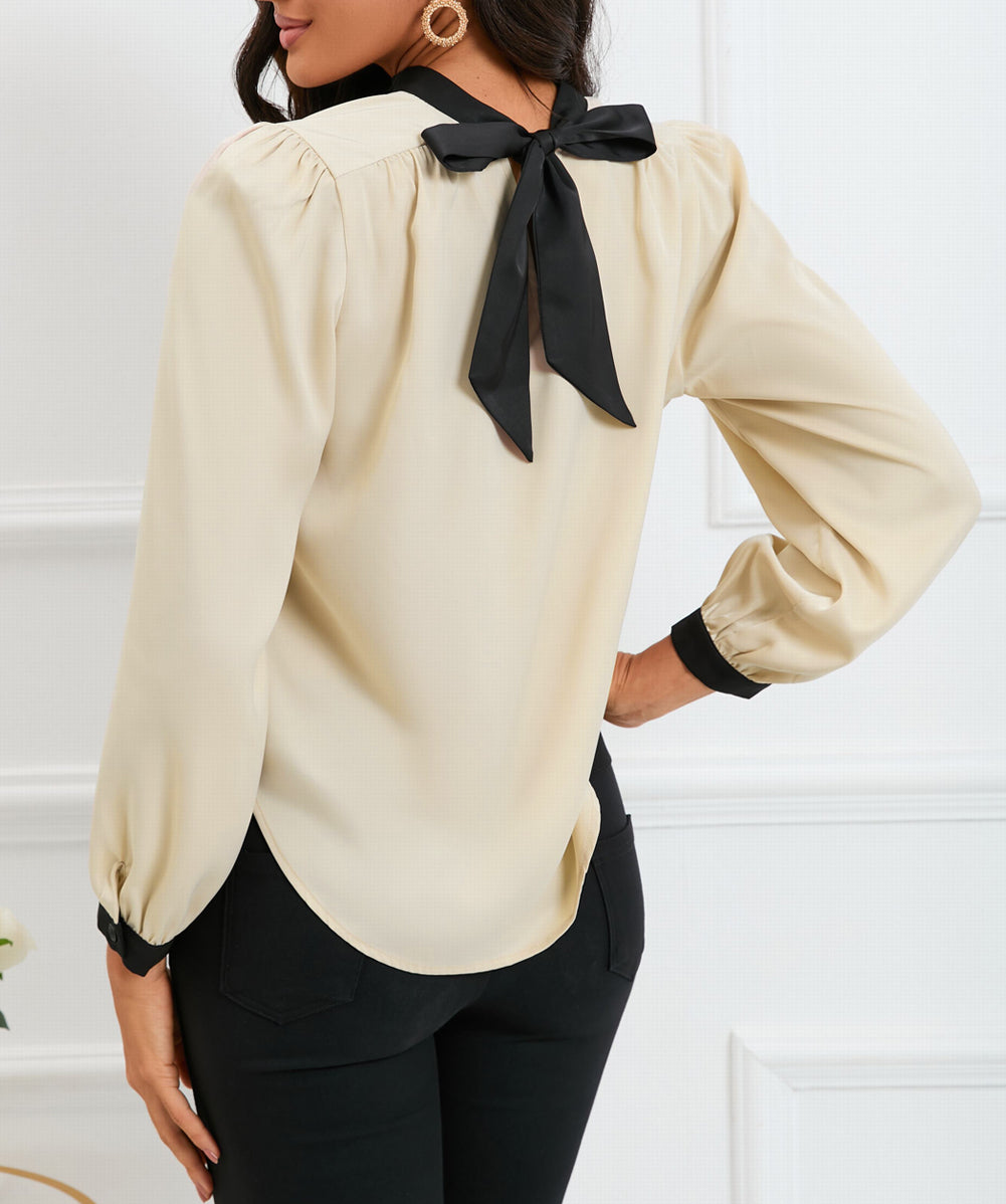 Color Block Bow Back Mock Neck Blouse