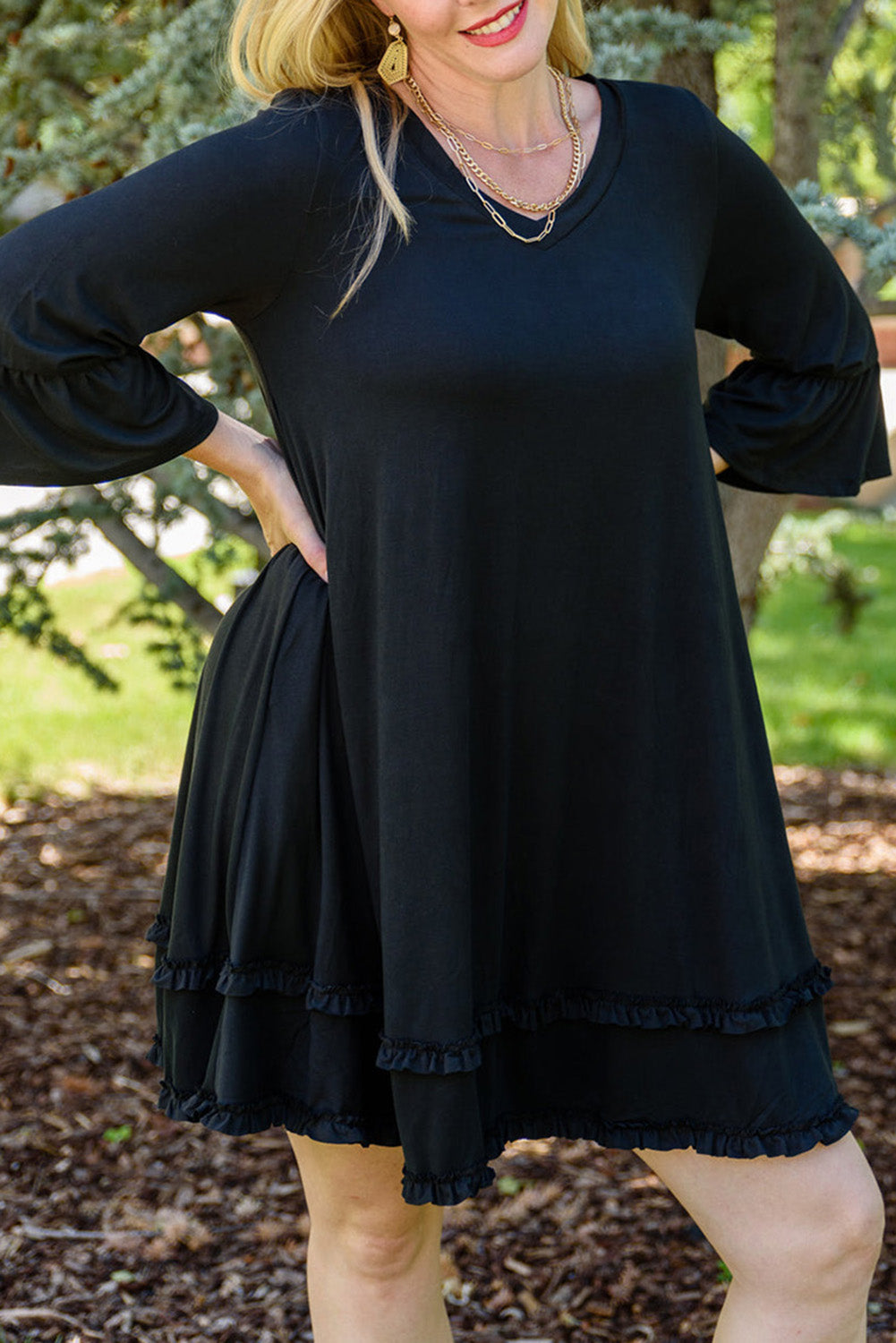 Plus Size Ruffled Trim 3/4 Sleeve Dress