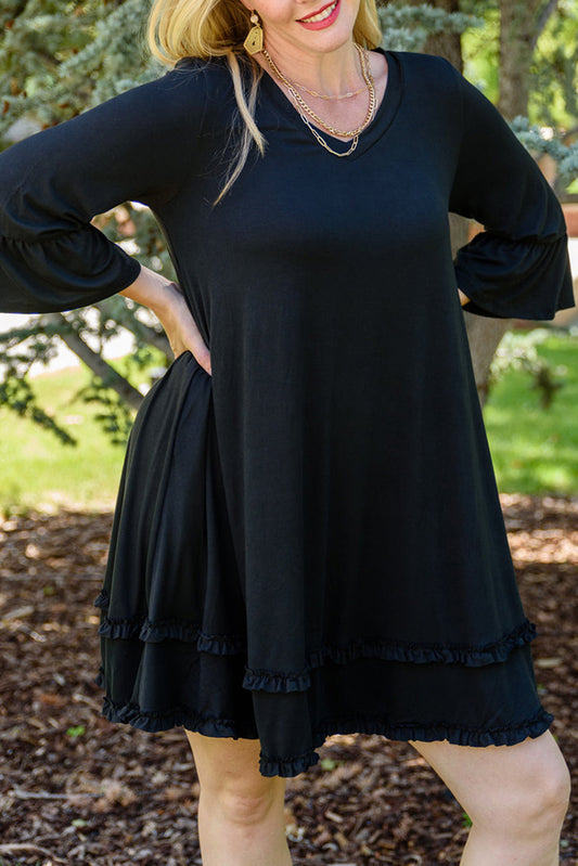 Plus Size Ruffled Trim 3/4 Sleeve Dress