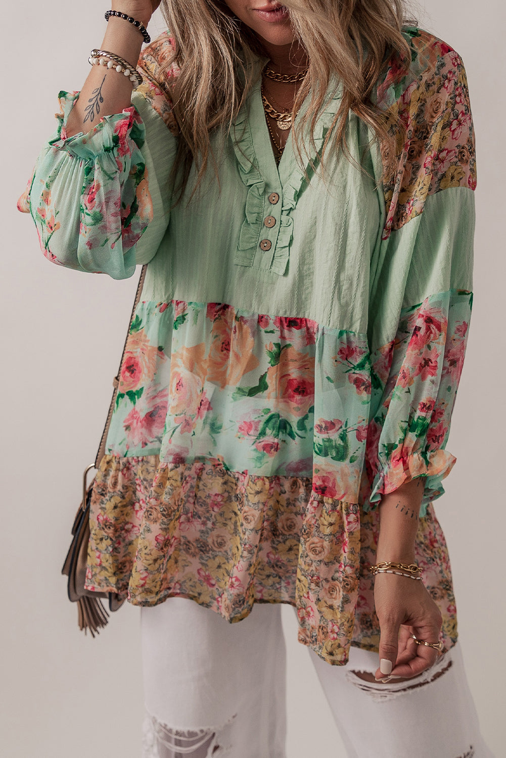 Printed Floral Patchwork Frilled Split Neck Blouse