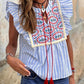 Stripe Geo Pattern Embroidered Tassel Flutter Blouse