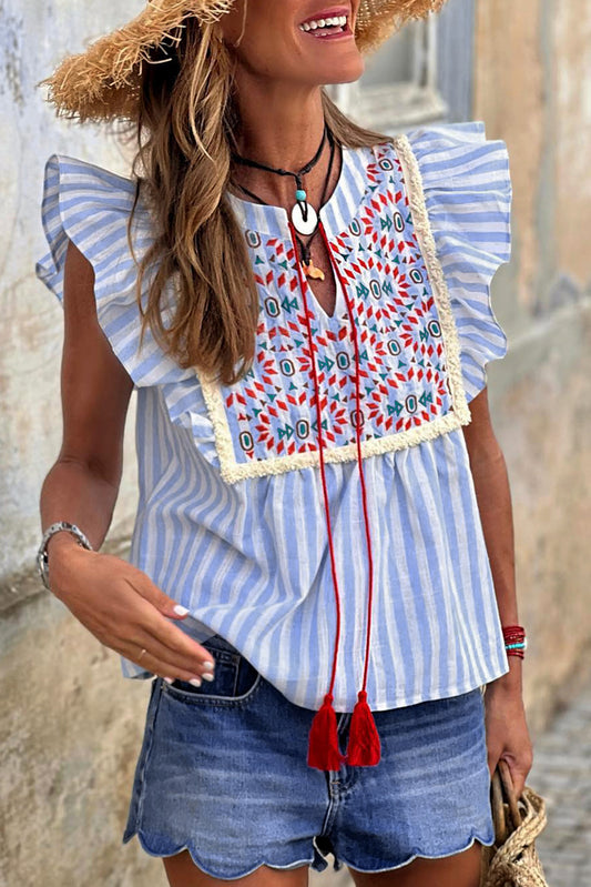 Stripe Geo Pattern Embroidered Tassel Flutter Blouse