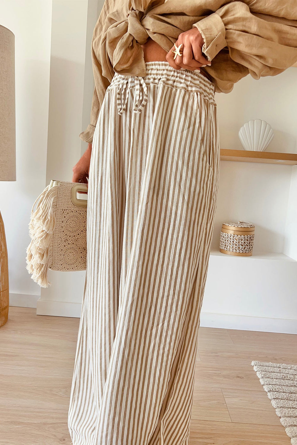 Stripe Plus Size Drawstring High Waist Wide Leg Pants