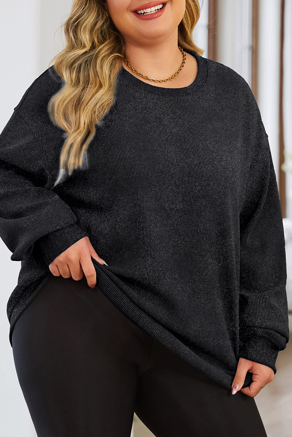 Plus Size Corded Round Neck Sweatshirt