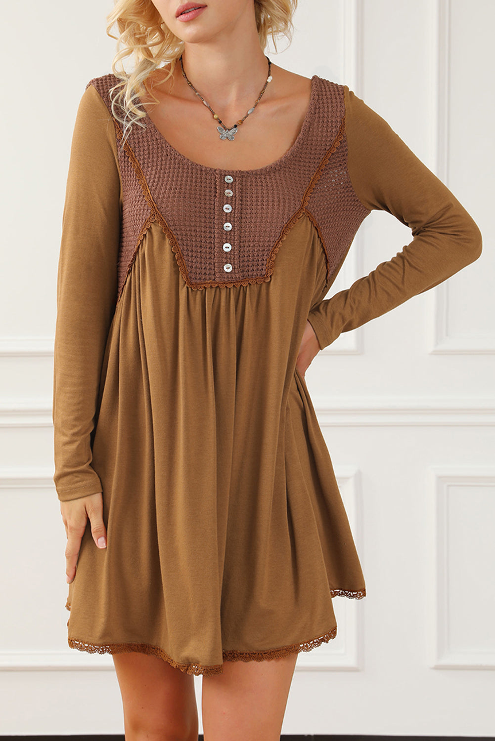 Textured Accent Patchwork Long Sleeve Flare Dress