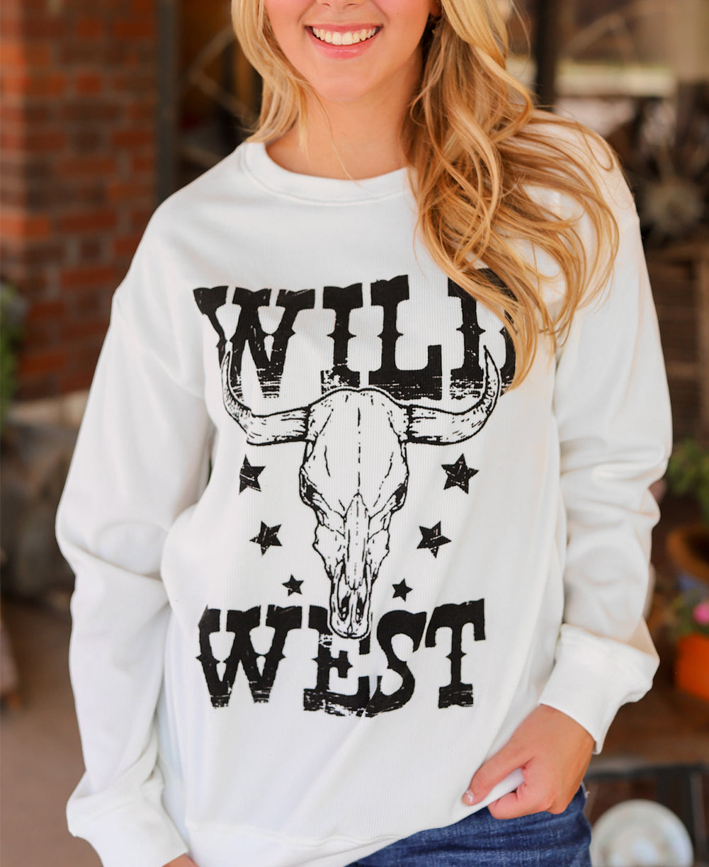 WILD WEST Steer Skull Graphic Ribbed Sweatshirt