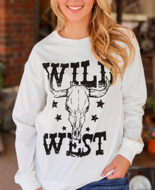 WILD WEST Steer Skull Graphic Ribbed Sweatshirt