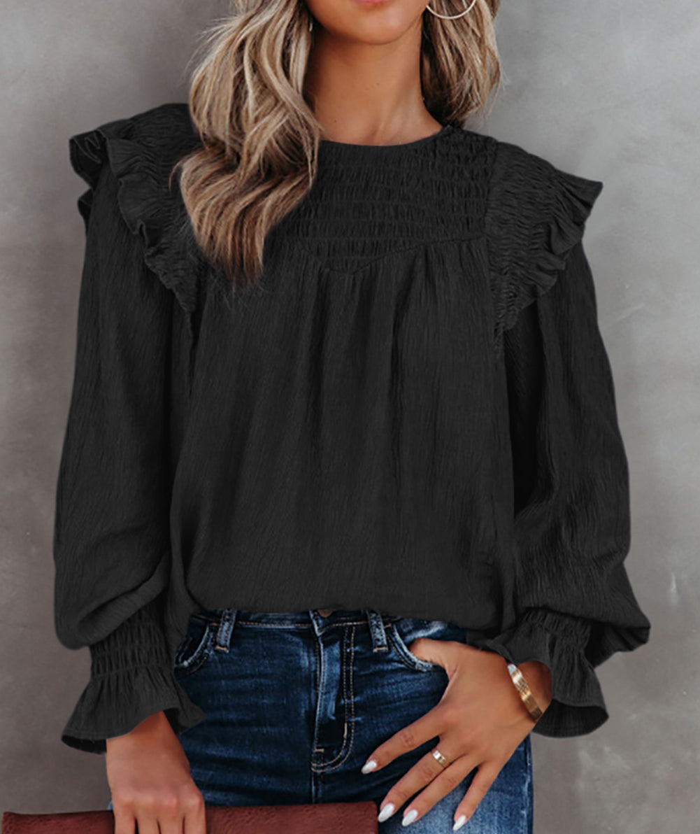 Crinkle Ruffle Trim Keyhole Puff Sleeve Blouse