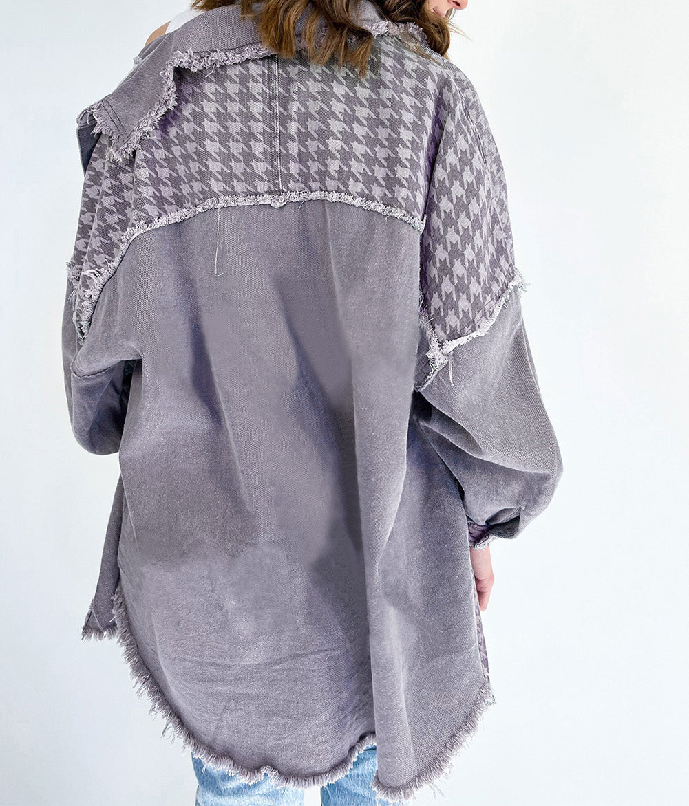 Retro Distressed Houndstooth Patchwork Denim Jacket