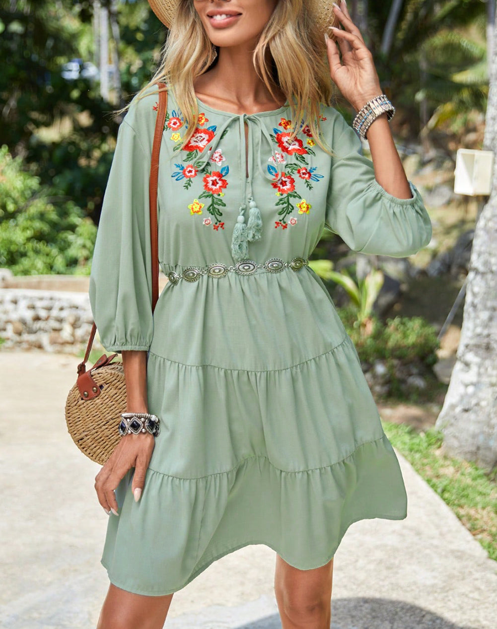 Floral Embroidery Tiered Ruffle Hem Dress